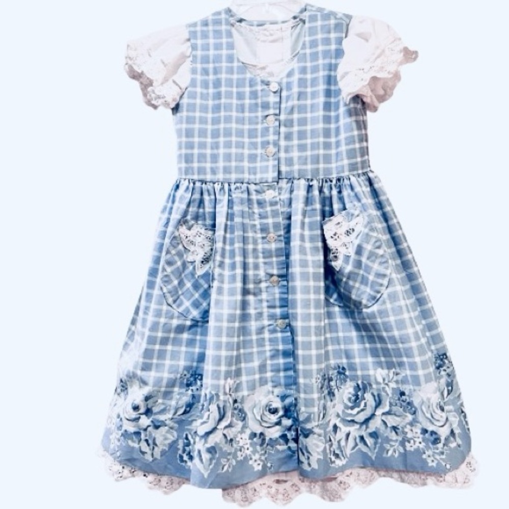 Handmade Dress & Pinafore Wear Separately Or Layer, Border Print Roses Lace Trim